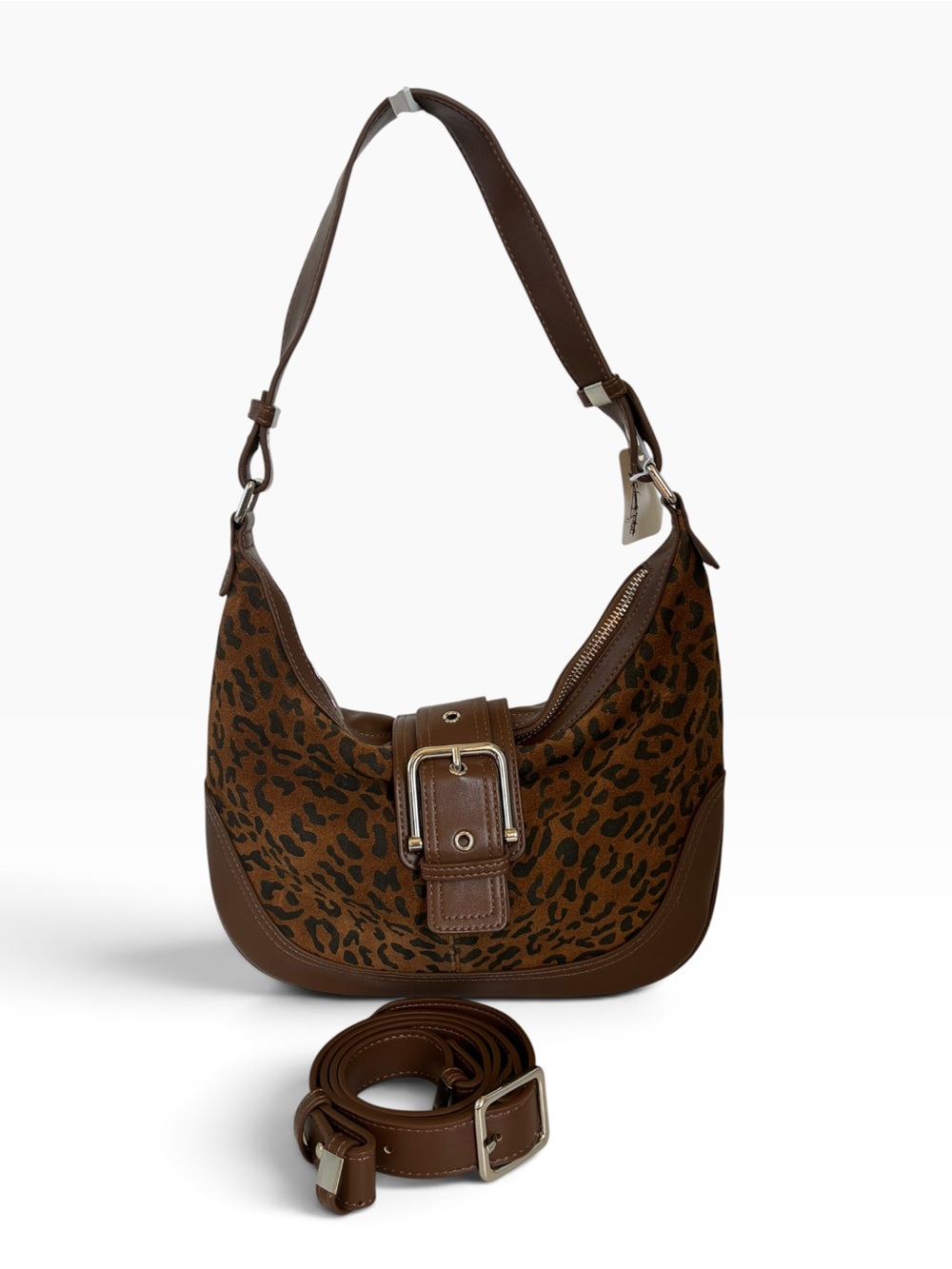 Leopard-Print Brown Hobo with Buckle Detail